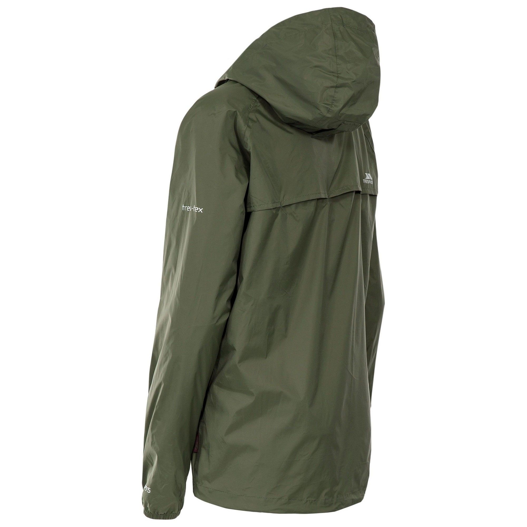 Shell jacket. Adjustable grown on hood. 2 zip pockets. Full elasticated cuff. Full length internal front storm flap. Drawcord at hem. Ventilated back yoke. Contrast low profile zips. Jacket packs into pouch. Waterproof 5000mm, breathable 5000mvp, windproof, taped seams. Shell: 100% Polyamide PU coating, Mesh: 100% Polyester. Trespass Womens Chest Sizing (approx): XS/8 - 32in/81cm, S/10 - 34in/86cm, M/12 - 36in/91.4cm, L/14 - 38in/96.5cm, XL/16 - 40in/101.5cm, XXL/18 - 42in/106.5cm.