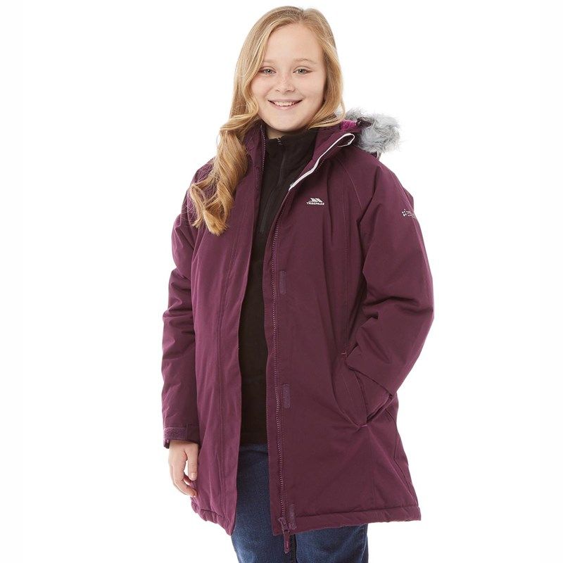 Shell - 100% polyester PVC. Lining - 100% polyester. Filling - 100% polyester. Lightly padded. Longer length. Detachable stud off hood. Detachable fur trim. 2 lower pockets. Elasticated cuffs with adjustable tabs.