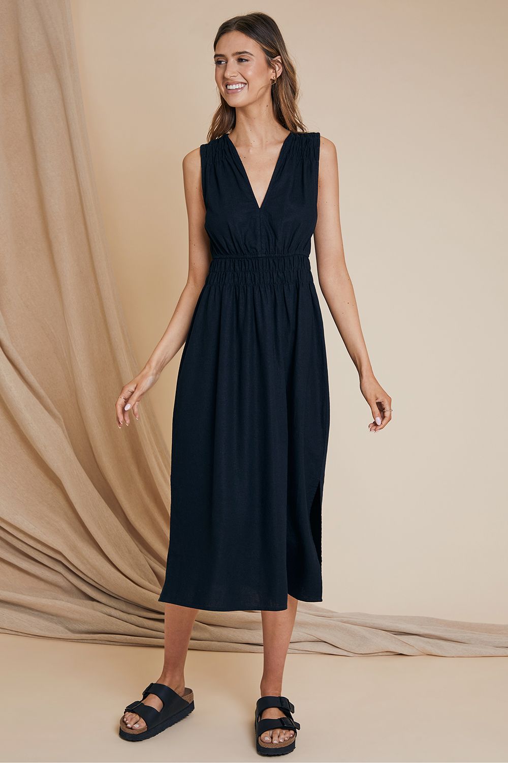 Linen Look 'Peppercorn' Ruched Waist Midi Dress