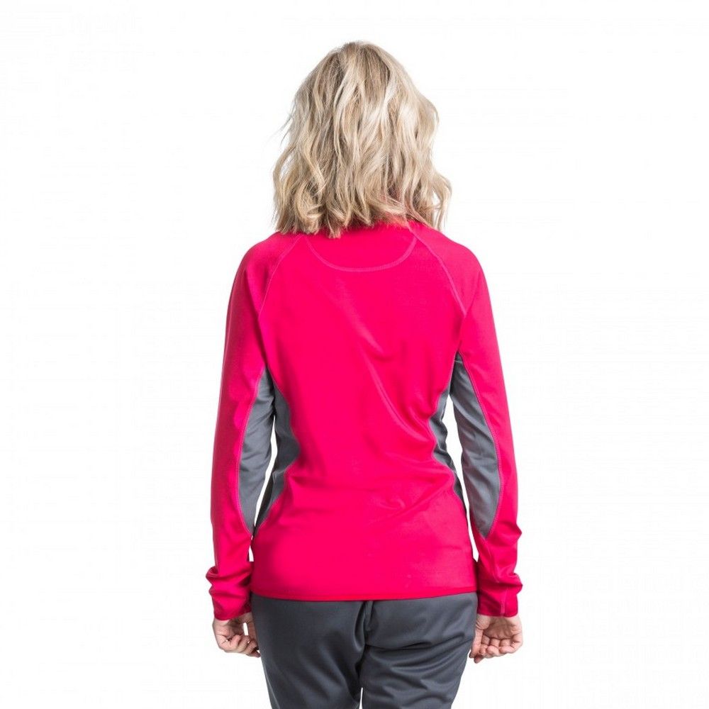 1/2 zip neck. Long sleeves. Contrast underarm panels. Stretch binding at hem and cuffs. Quick dry. 80% Polyester/20% Elastane. Trespass Womens Chest Sizing (approx): XS/8 - 32in/81cm, S/10 - 34in/86cm, M/12 - 36in/91.4cm, L/14 - 38in/96.5cm, XL/16 - 40in/101.5cm, XXL/18 - 42in/106.5cm.