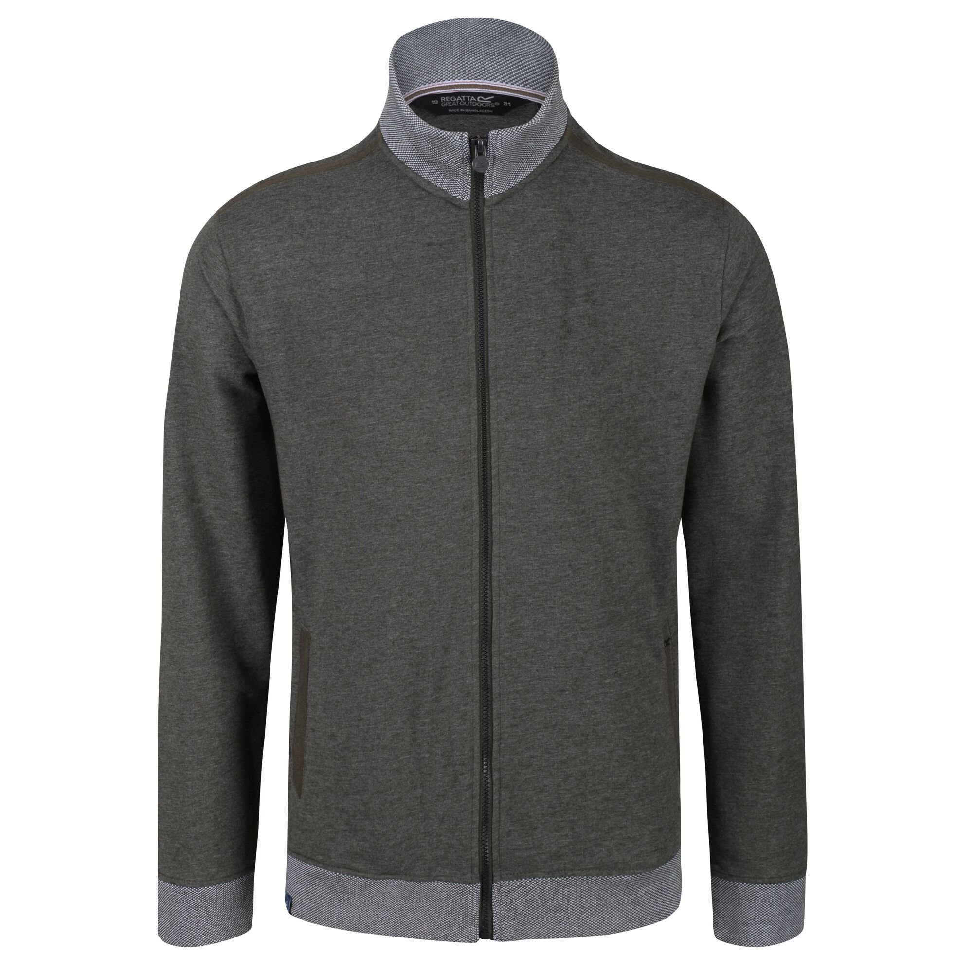 Material: 65% Polyester, 35% Cotton. 240gsm fabric zip fleece jacket with birdseye rib collar, cuff and hem. 2 lower pockets with herringbone tape detail.