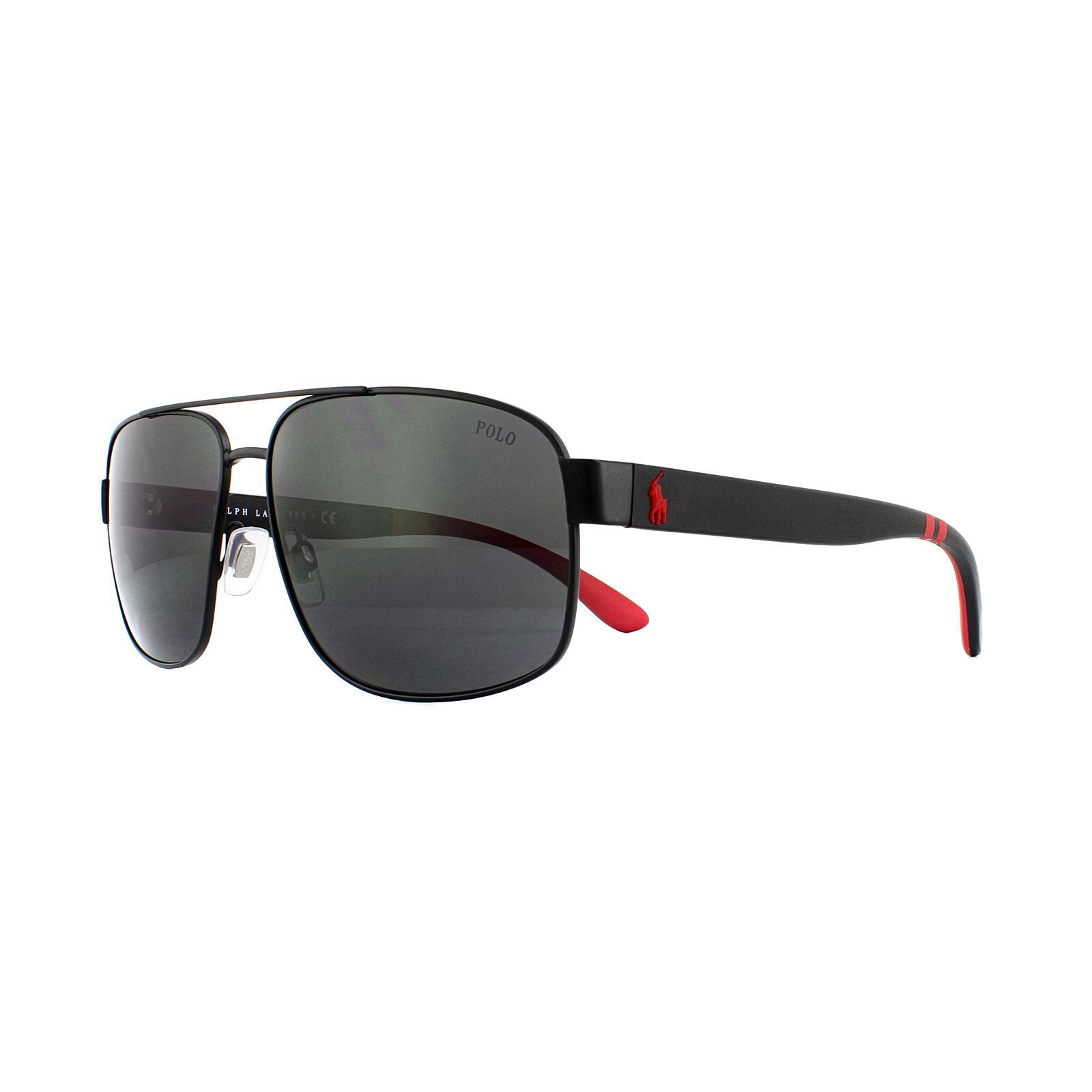 Polo Ralph Lauren Sunglasses 3112 903887 Matte Black Grey are a rectangular style aviator for men. The frame front is metal with plastic temples that adorn the iconic Polo Ralph Lauren logo in a contrasting colour and matching accents. Adjustable nose pads ensure a personalised and comfortable fit whilst looking stylish.