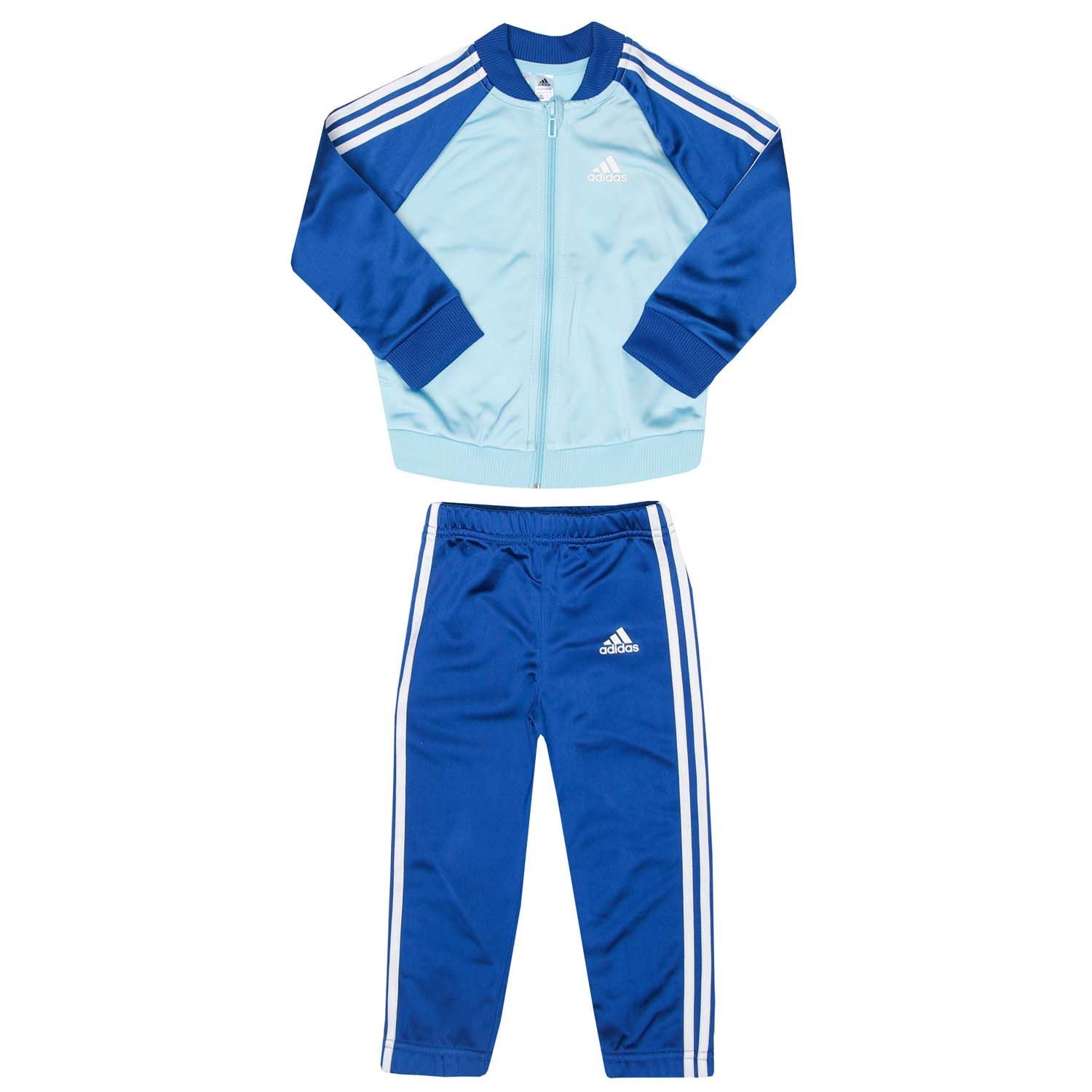 Baby adidas 3- Stripes Tricot Tracksuit in sky white.- Jacket:- Stand-up collar.- Full zip fastening.- Side slip-in pockets.- adidas logo on the chest.- Colourblock.- Regular fit.- Main material: 100% Polyester (Recycled).  Machine washable. - Pants:- Mid-rise elastic waist.- Side slip-in pockets.- adidas logo at left thigh.- Slim fit.- Main material: 100% Polyester (Recycled). Machine washable. - Ref: GN3946B