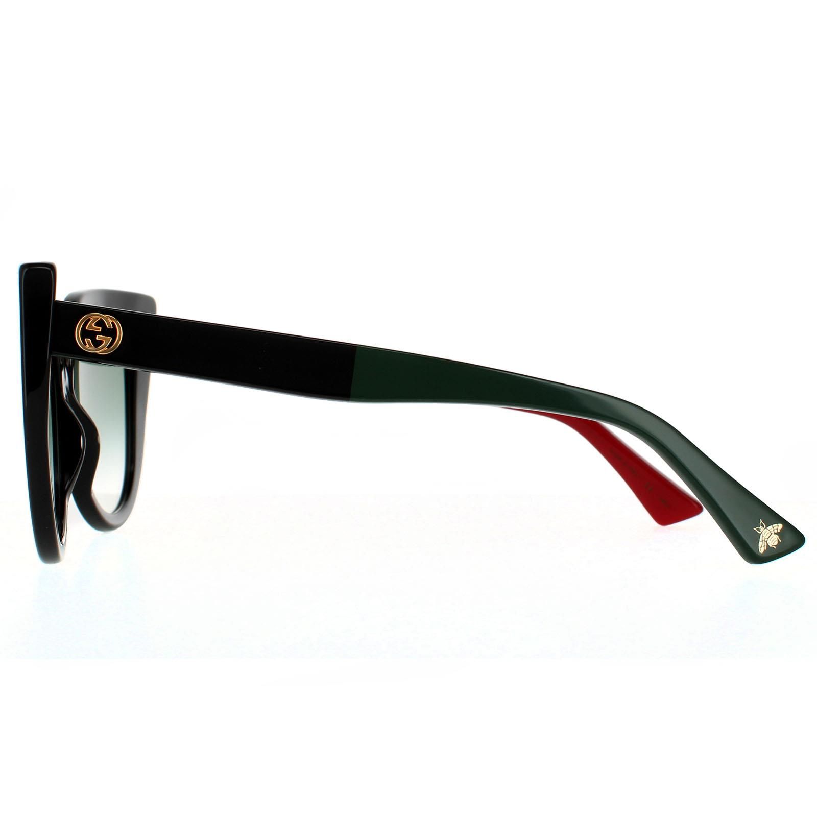 Gucci Cat Eye Womens Black With Red and Green Green Gradient  Sunglasses Gucci are a gorgeous cat eye style crafted from chunky acetate embellished with a metal interlocking GG logo next to the hinges and bumblebee at the tip.