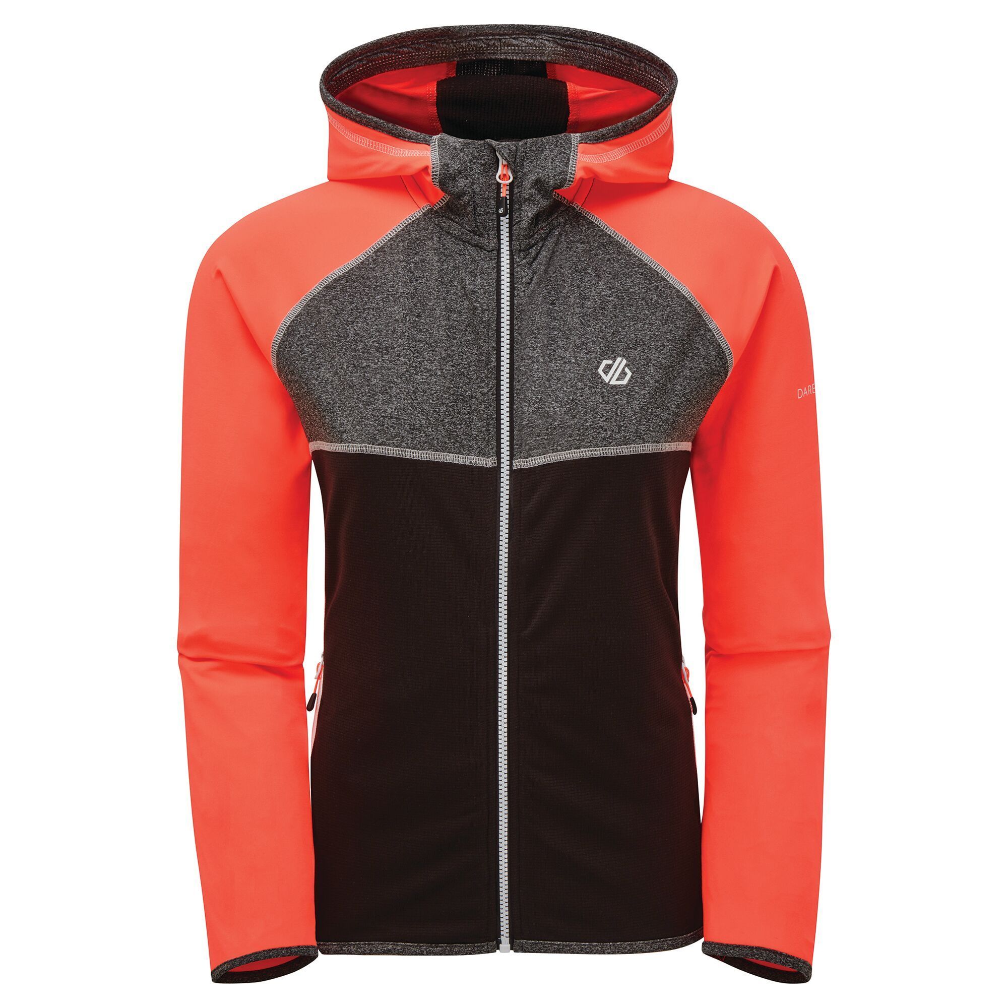 Material: 100% Polyester. Lightweight, stretch fabric hooded sweatshirt with full length zip. Stretch binding to hood opening, cuffs and hem. Inner zip and chin guard. 2 lower zip pockets.