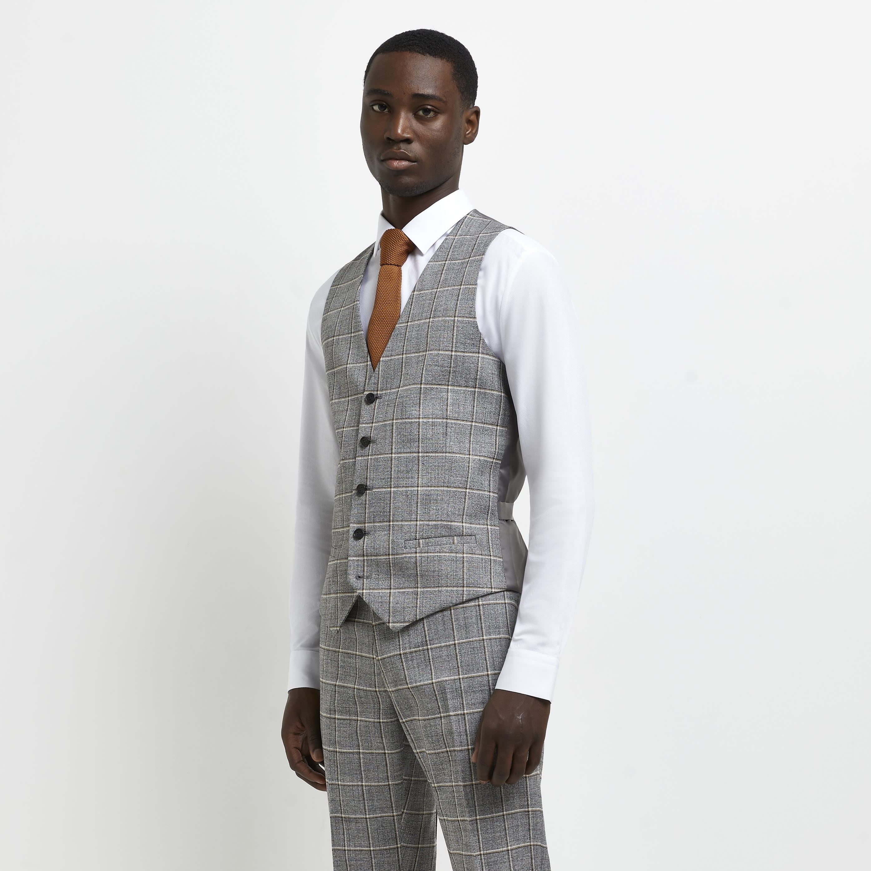 River Island Mens Waistcoat Grey SB5 Grid Check