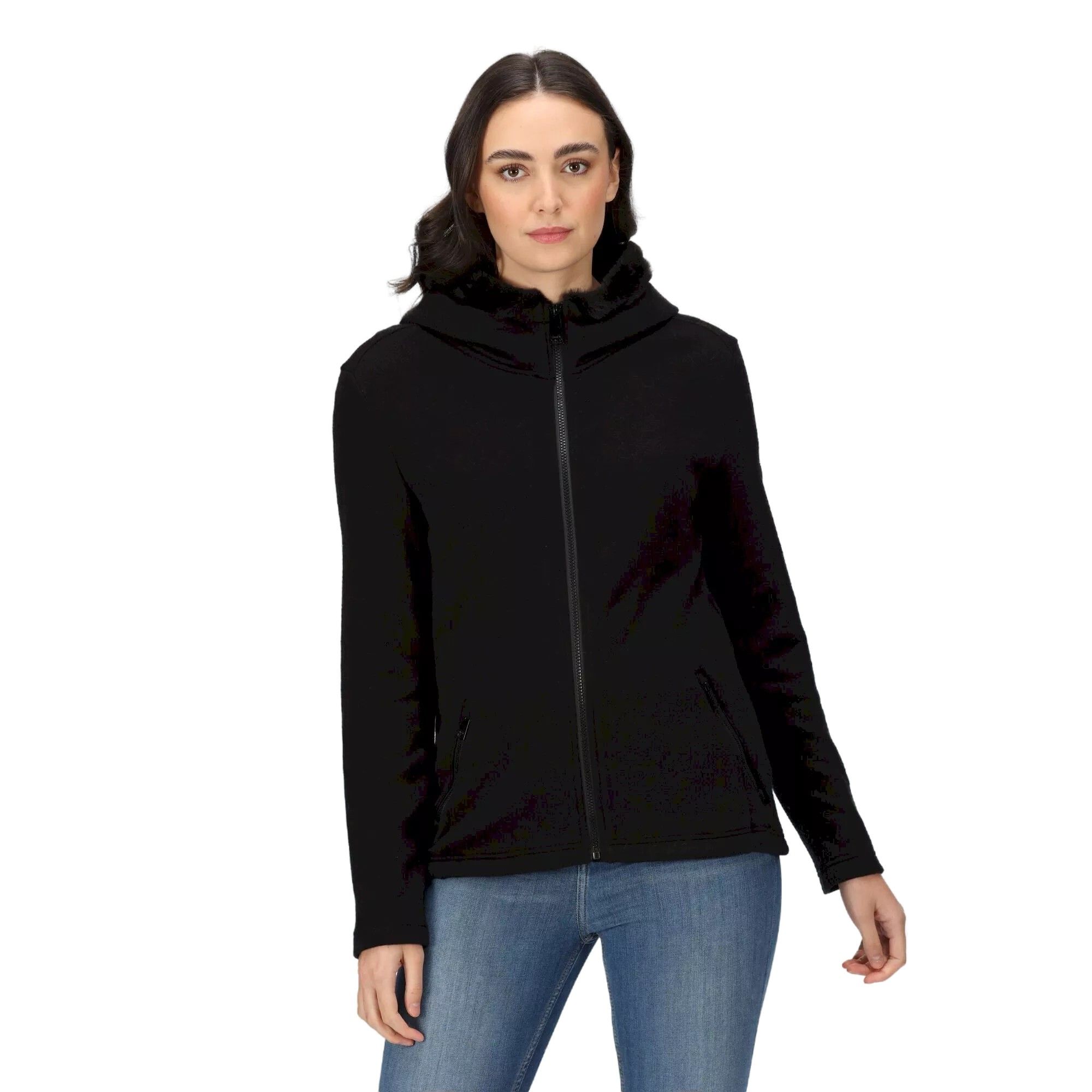 Material: 50% Viscose, 25% Polyamide, 25% Polyester. Fabric: Fleece, Knitted, Soft Touch, Wool Effect. 330gsm. Design: Plain. Hood Features: Faux Fur, Grown On Hood. Fabric Technology: Hardwearing. Neckline: Hooded. Sleeve-Type: Long-Sleeved. Pockets: 2 Lower Pockets, Zip. Fastening: Full Zip.
