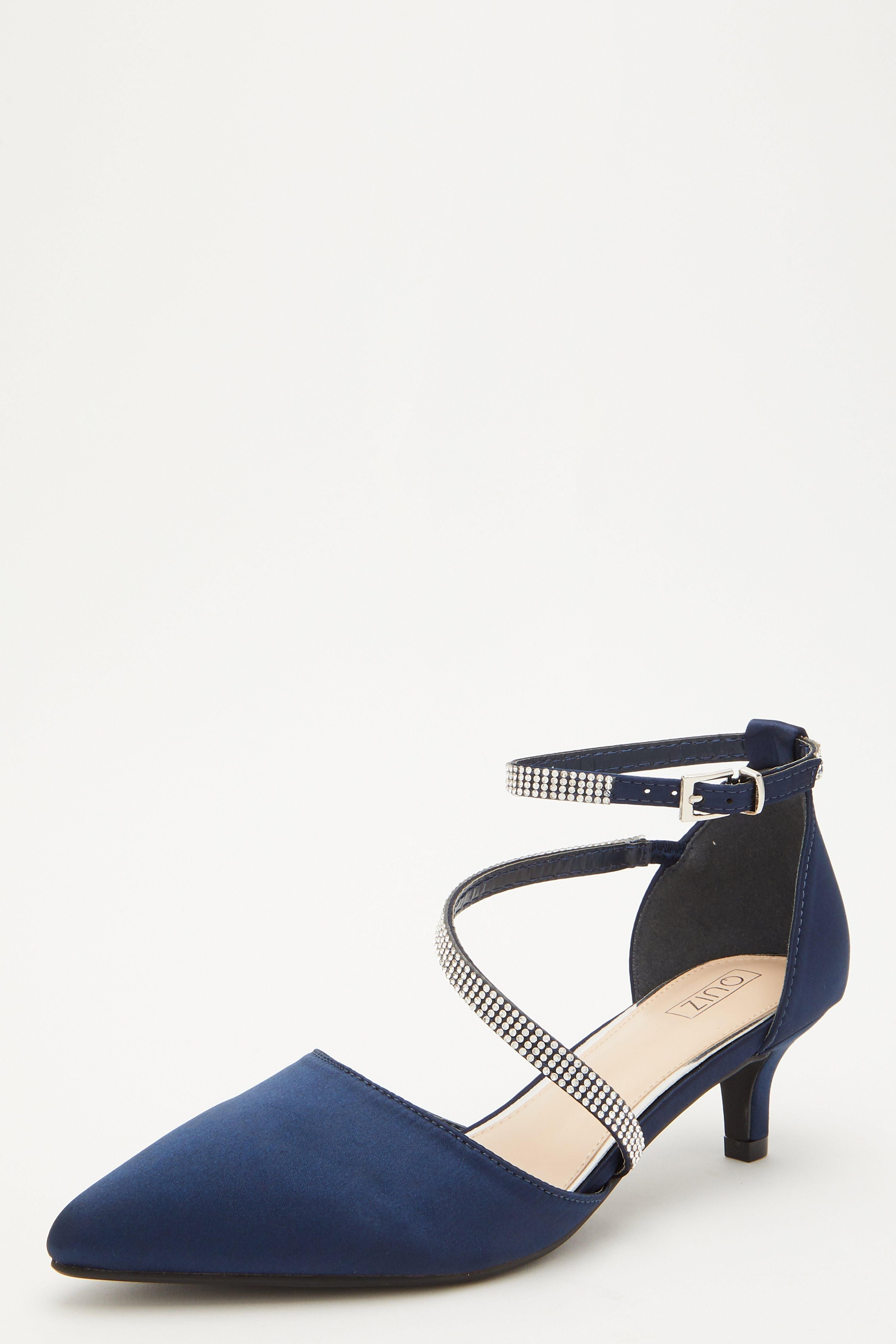 Navy Satin Asymmetric Strap Court Heels