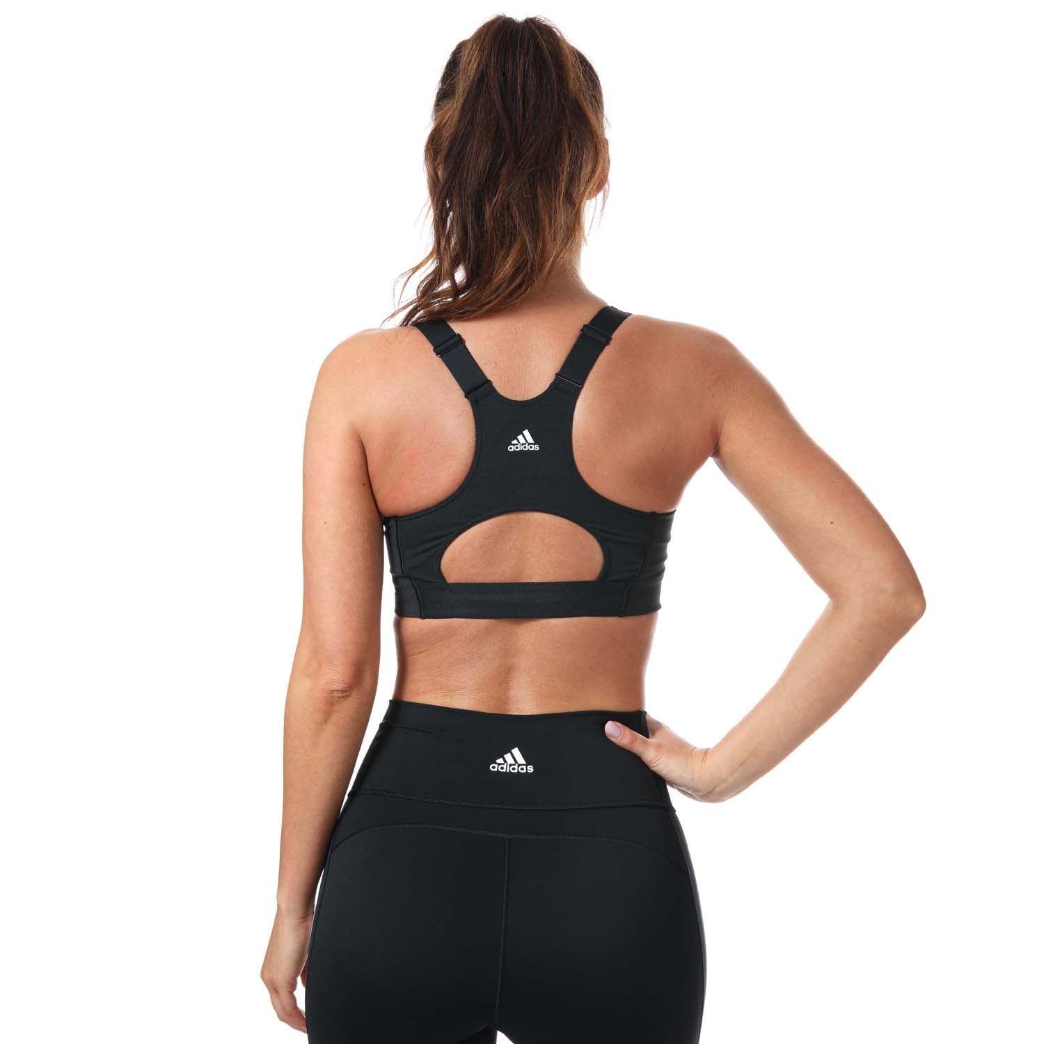Womens adidas Ultimate High-Support Logo Bra in black - white.- Adjustable straps.- Front strap stabilizers.- Power-mesh overlay.- Built-in foam pads.- Moisture absorbing.- Hook-and-eye closure.- Tight fit with high support.- Shell: 79% Polyester (Recycled)  21% Elastane. Mesh Part: 82% Polyester (Recycled)  18% Elastane.- Ref: GR8205