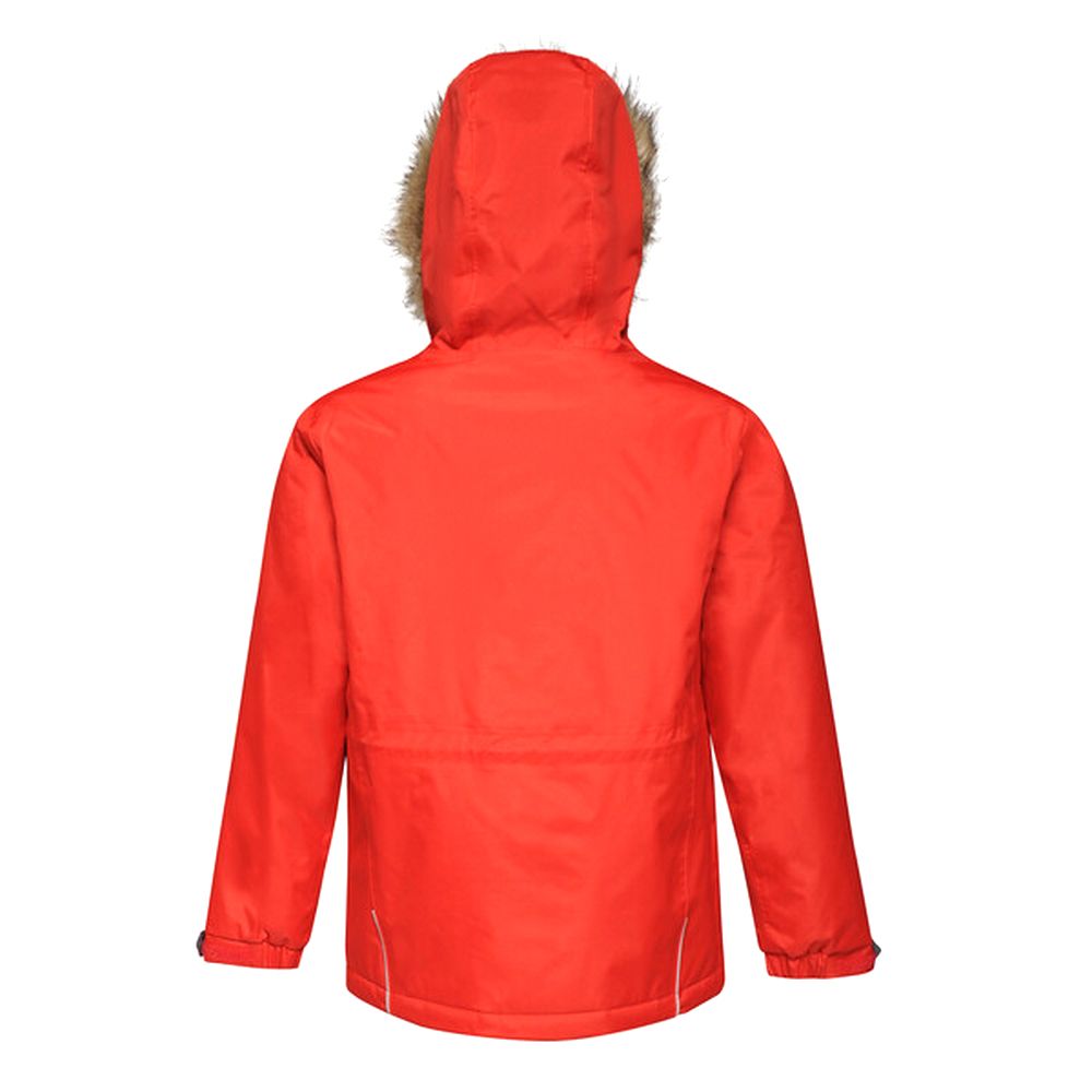 100% polyester. Designed to keep the kids warm and toasty on or off the slopes. Made from waterproof/breathable fabric. Fully lined with high warmth, low bulk fill. Full-length zip for easy on-off. Grown on hood.