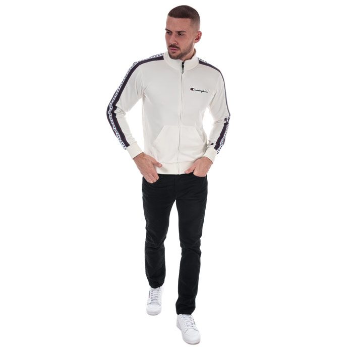 Mens Champion Taped Sleeve Track Top in white.<BR><BR>- Stand up collar with ribbed lining.<BR>- Full zip fastening.<BR>- Long sleeves with taped detail.<BR>- Champion script logo at left chest.<BR>- Signature C logo embroidered above left cuff.<BR>- Kangaroo style pockets to front.<BR>- Ribbed cuffs and hem.<BR>- Custom fit.<BR>- 100% Polyester.  Machine washable.<BR>- Ref: 213458 ES001