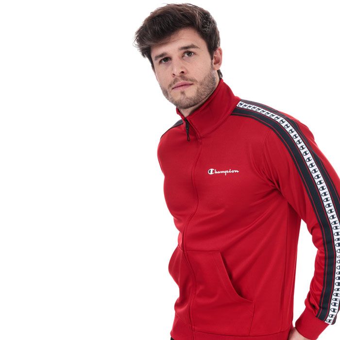 Mens Champion Stripe C Logo Tape Track Jacket in red.<BR><BR>- Stand up collar with ribbed lining.<BR>- Full zip fastening.<BR>- Long sleeves with taped detail.<BR>- Champion script logo at left chest.<BR>- Signature C logo embroidered above left cuff.<BR>- Kangaroo pocket.<BR>- Ribbed cuffs and hem.<BR>- 100% Polyester. Machine washable. <BR>- Ref: 213458RS053