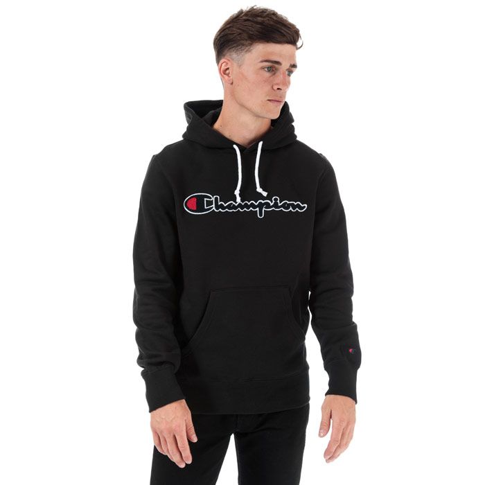 Mens Champion Large Logo Hoody in black.<BR><BR>- Lined hood with adjustable drawcord.<BR>- Long sleeves.<BR>- Cotton terry script logo to chest.<BR>- Signature C logo embroidered above left cuff.<BR>- Kangaroo pocket to front.<BR>- Ribbed cuffs and hem.<BR>- Tonal back neck tape.<BR>- Comfort fit.<BR>- 100% Cotton.  Machine washable.<BR>- Ref: 213498 KK001