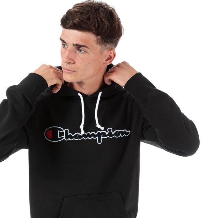 Mens Champion Large Logo Hoody in black.<BR><BR>- Lined hood with adjustable drawcord.<BR>- Long sleeves.<BR>- Cotton terry script logo to chest.<BR>- Signature C logo embroidered above left cuff.<BR>- Kangaroo pocket to front.<BR>- Ribbed cuffs and hem.<BR>- Tonal back neck tape.<BR>- Comfort fit.<BR>- 100% Cotton.  Machine washable.<BR>- Ref: 213498 KK001