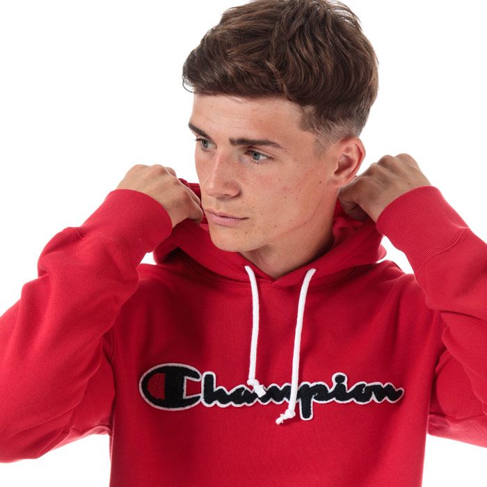 Mens Champion Large Logo Hoody in red.<BR><BR>- Lined hood with adjustable drawcord.<BR>- Long sleeves.<BR>- Cotton terry script logo to chest.<BR>- Signature C logo embroidered above left cuff.<BR>- Kangaroo pocket to front.<BR>- Ribbed cuffs and hem.<BR>- Tonal back neck tape.<BR>- Comfort fit.<BR>- 100% Cotton.  Machine washable.<BR>- Ref: 213498 RS053
