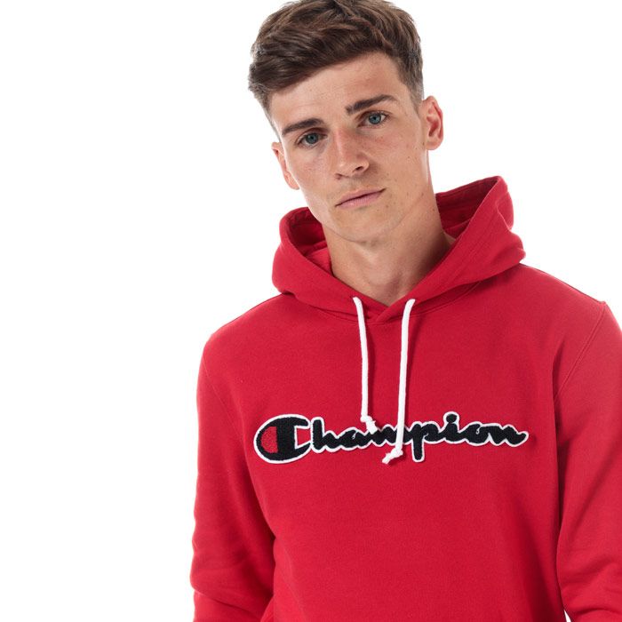 Mens Champion Large Logo Hoody in red.<BR><BR>- Lined hood with adjustable drawcord.<BR>- Long sleeves.<BR>- Cotton terry script logo to chest.<BR>- Signature C logo embroidered above left cuff.<BR>- Kangaroo pocket to front.<BR>- Ribbed cuffs and hem.<BR>- Tonal back neck tape.<BR>- Comfort fit.<BR>- 100% Cotton.  Machine washable.<BR>- Ref: 213498 RS053