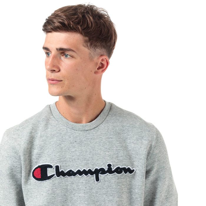 Mens Champion Large Logo Sweatshirt in grey marl.<BR><BR>- Ribbed crew neck.<BR>- Long sleeves.<BR>- Cotton terry script logo to chest.<BR>- Signature C logo embroidered above left cuff.<BR>- Ribbed cuffs and hem.<BR>- Tonal back neck tape.<BR>- Comfort fit.<BR>- 77% Cotton  23% Polyester.  Machine washable.<BR>- Ref: 213511 EM021