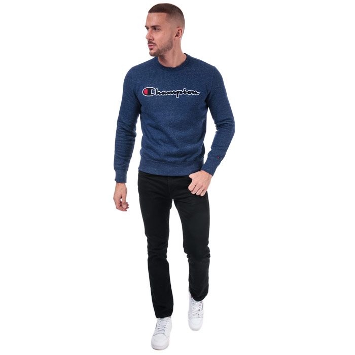 Mens Champion Large Logo Crew Sweatshirt in blue.<BR><BR>- Ribbed crew neck.<BR>- Long sleeves.<BR>- Allover stripe design.<BR>- Cotton terry script logo to chest.<BR>- Signature C logo embroidered above left cuff.<BR>- Ribbed cuffs and hem.<BR>- Tonal back neck tape.<BR>- Comfort fit.<BR>- 59% Cotton  41% Polyester.  Machine washable.<BR>- Ref: 213512 BZ011