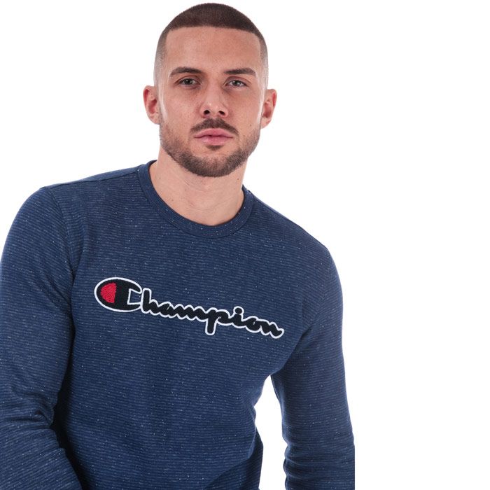 Mens Champion Large Logo Crew Sweatshirt in blue.<BR><BR>- Ribbed crew neck.<BR>- Long sleeves.<BR>- Allover stripe design.<BR>- Cotton terry script logo to chest.<BR>- Signature C logo embroidered above left cuff.<BR>- Ribbed cuffs and hem.<BR>- Tonal back neck tape.<BR>- Comfort fit.<BR>- 59% Cotton  41% Polyester.  Machine washable.<BR>- Ref: 213512 BZ011
