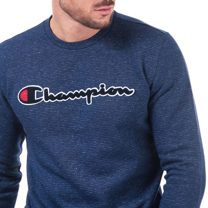 Mens Champion Large Logo Crew Sweatshirt in blue.<BR><BR>- Ribbed crew neck.<BR>- Long sleeves.<BR>- Allover stripe design.<BR>- Cotton terry script logo to chest.<BR>- Signature C logo embroidered above left cuff.<BR>- Ribbed cuffs and hem.<BR>- Tonal back neck tape.<BR>- Comfort fit.<BR>- 59% Cotton  41% Polyester.  Machine washable.<BR>- Ref: 213512 BZ011