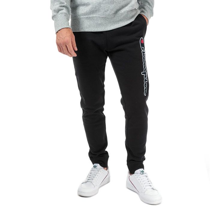 Mens Champion Large Logo Jog Pants in black.<BR><BR>- Ribbed elasticated waist with drawcord.<BR>- Side seam pockets.<BR>- Cotton terry script logo at left leg.<BR>- Signature C logo embroidered at left hip.<BR>- Ribbed cuffs.<BR>- Regular fit.<BR>- 100% Cotton.  Machine washable.<BR>- Ref: 213515 KK001
