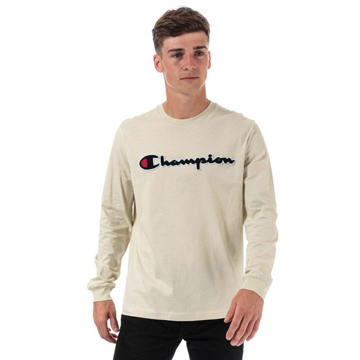 Mens Champion Large Logo Long Sleeve T-Shirt in green.<BR><BR>- Ribbed crew neck.<BR>- Long sleeves with ribbed cuffs.<BR>- Cotton terry script logo to chest.<BR>- Signature C logo embroidered above left cuff.<BR>- Tonal back neck tape.<BR>- Comfort fit.<BR>- 100% Cotton.  Machine washable.<BR>- Ref: 213517 ES050