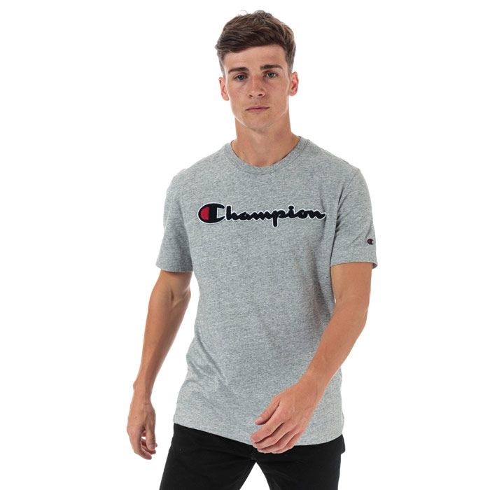 Mens Champion Large Logo T-Shirt in grey marl.<BR><BR>- Ribbed crew neck.<BR>- Short sleeves.<BR>- Cotton terry script logo to chest.<BR>- Signature C logo embroidered at left sleeve.<BR>- Tonal back neck tape.<BR>- Comfort fit.<BR>- 60% Cotton  40% Polyester.  Machine washable.<BR>- Ref: 213521 EM021