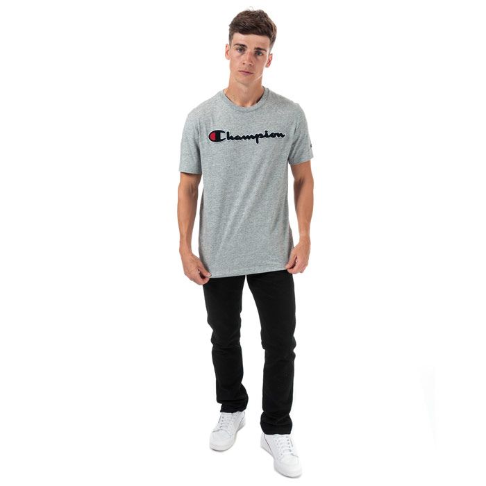 Mens Champion Large Logo T-Shirt in grey marl.<BR><BR>- Ribbed crew neck.<BR>- Short sleeves.<BR>- Cotton terry script logo to chest.<BR>- Signature C logo embroidered at left sleeve.<BR>- Tonal back neck tape.<BR>- Comfort fit.<BR>- 60% Cotton  40% Polyester.  Machine washable.<BR>- Ref: 213521 EM021