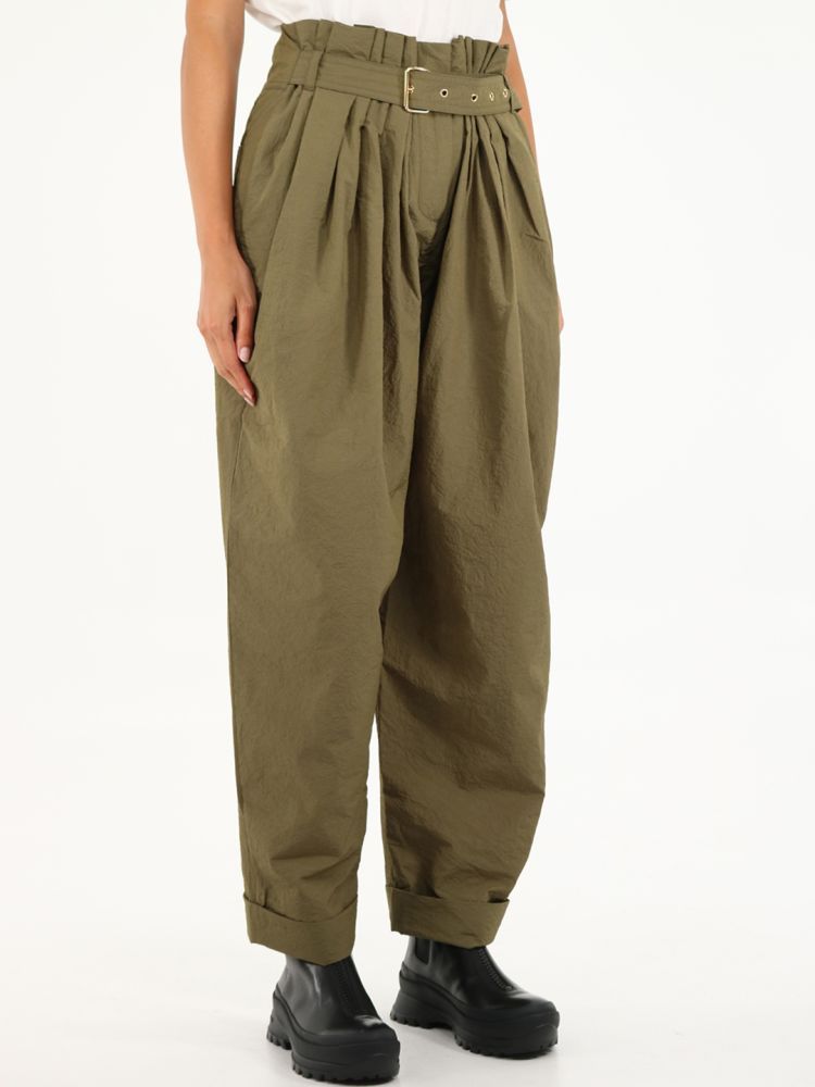 Wide military green trousers with high waist paper bag and belt at the waist. Features two side pockets, two back pockets, rolled hems. Gold-colored metallic finishes.The model is 178 cm tall and wears a size 36 FR