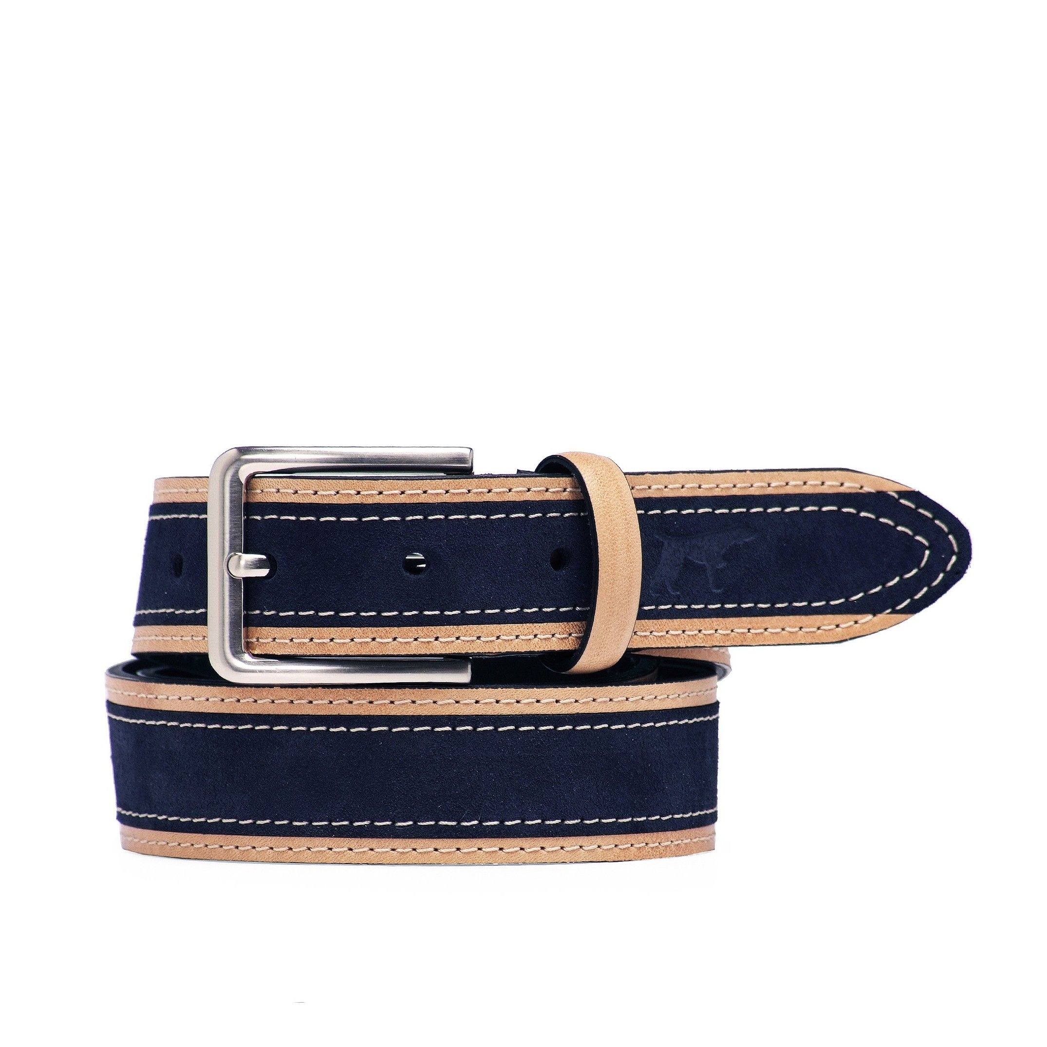 Adjustable belt. Classic leather. Removable metal buckle to adapt the belt. Width of 3,5 cm. Large of 100 cm & 115 cm. Navy color. Classic style.