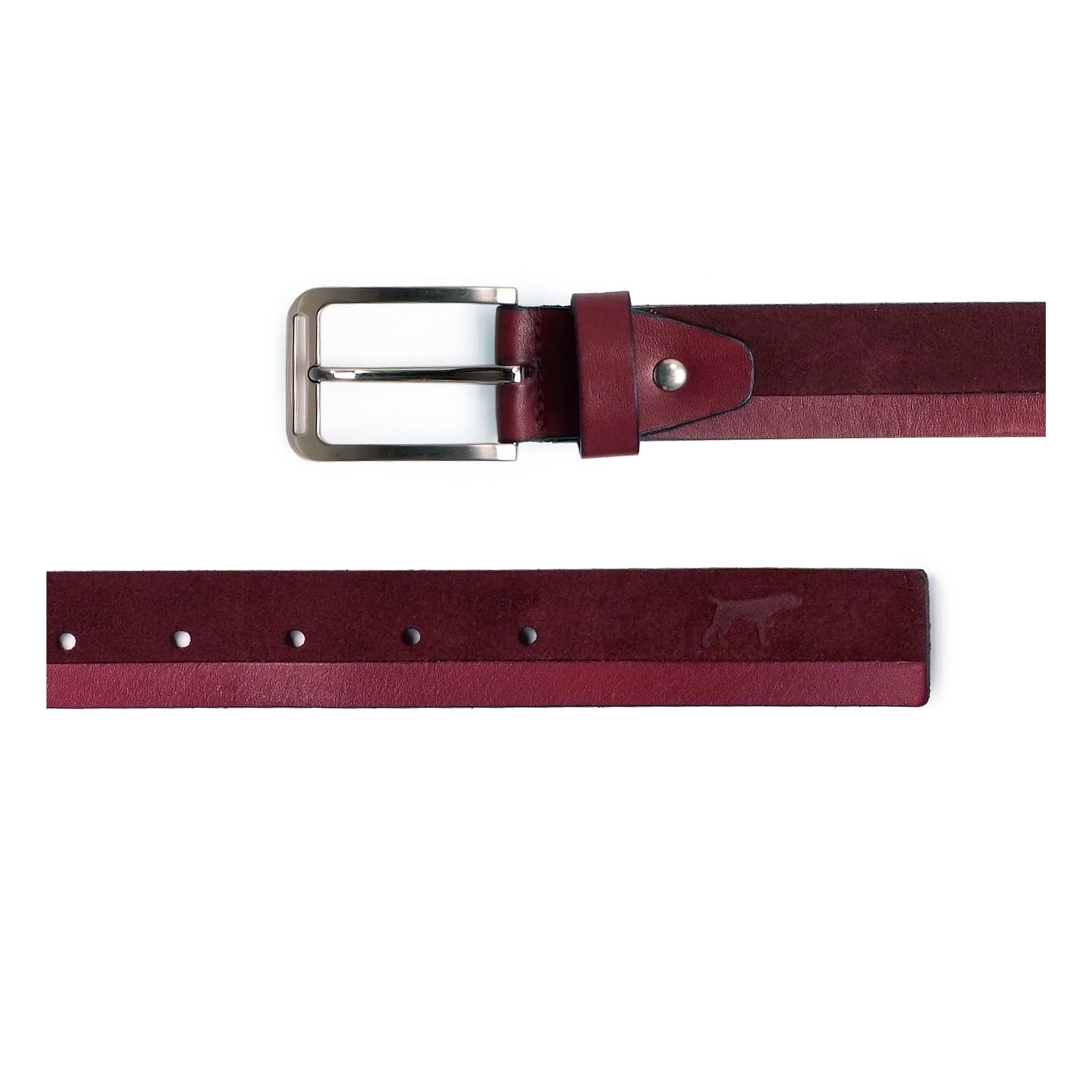 Adjustable belt. Classic leather. Removable metal buckle to adapt the belt. Width of 3,5 cm. Large of 100 cm & 115 cm. Burgundy color. Classic style.