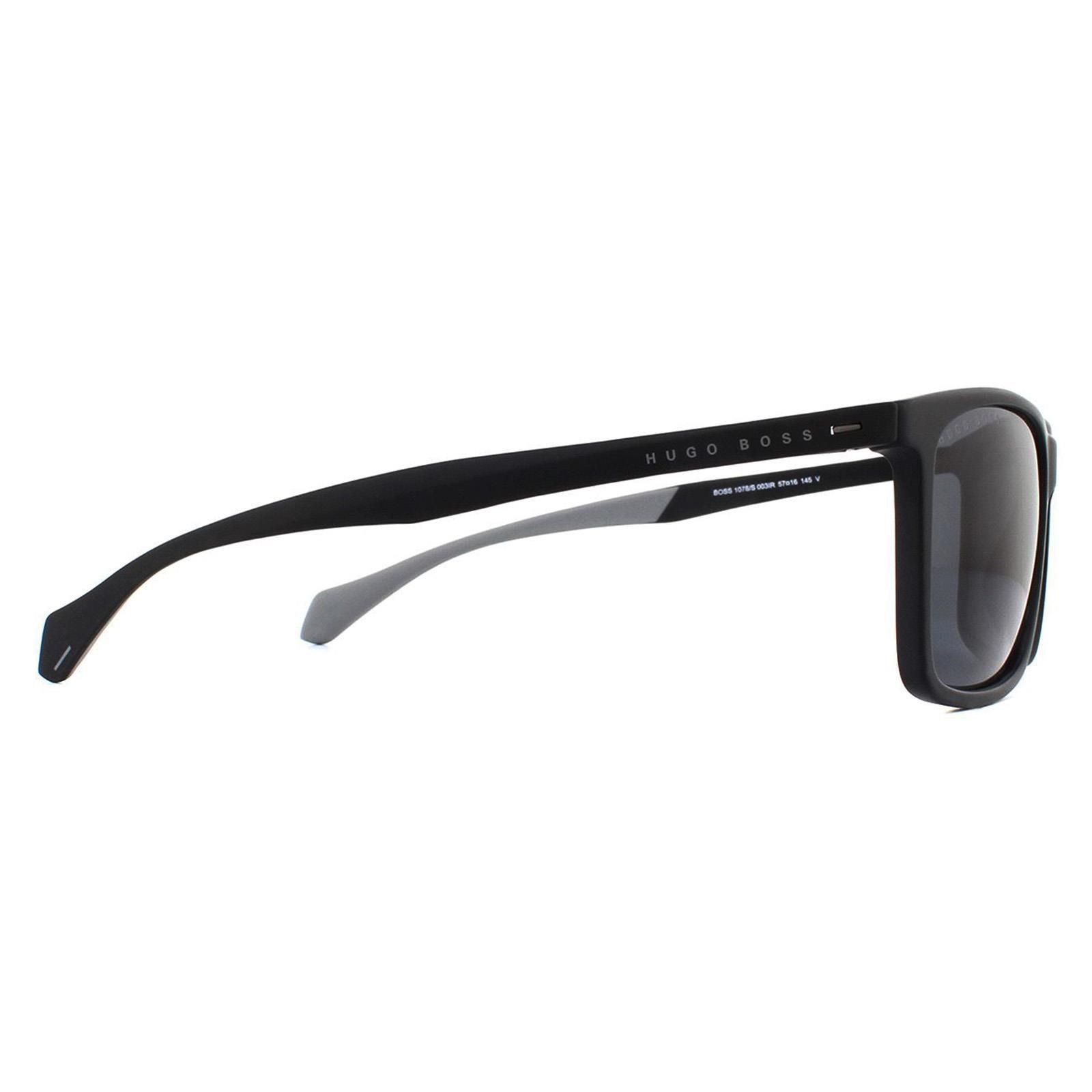 Hugo Boss Sunglasses BOSS 1078/S 003 IR Matte Black Grey are a sleek rectangular style for men. Made from lightweight acetate, the frame is very comfortable to wear and features the Hugo Boss logo on each temple.