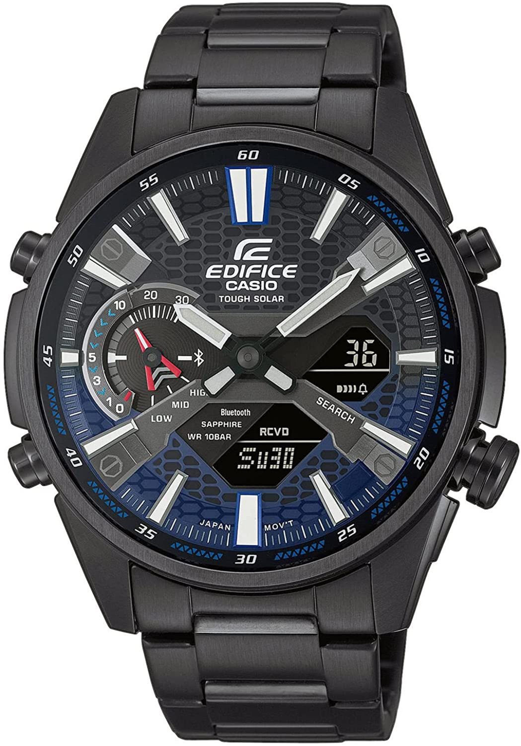 This Casio Edifice Analogue-Digital Watch for Men is the perfect timepiece to wear or to gift. It's Black 42 mm Round case combined with the comfortable Black Stainless steel watch band will ensure you enjoy this stunning timepiece without any compromise. Operated by a high quality Quartz movement and water resistant to 10 bars, your watch will keep ticking. This sporty and clasical watch is perfect for every occasion! -The watch has a calendar function: Day-Date, Bluetooth, Solar Powered, Stop Watch, Worldtime, Countdown High quality 21 cm length and 21 mm width Black Stainless steel strap with a Fold over with push button clasp Case diameter: 42 mm,case thickness: 10 mm, case colour: Black and dial colour: Black