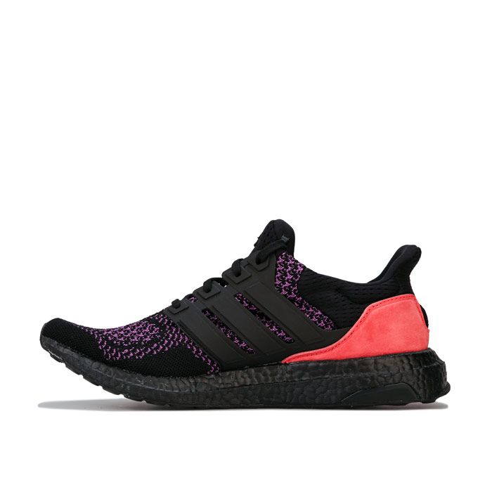 Mens adidas UltraBOOST Trainers in Core Black - Active purple - Red. – Ultra cushioned running shoes designed for an energised ride. – Breathable and flexible adidas Primeknit upper for an enhanced fit. – Lace up closure provides a secure fit. – Padded ankle collar to help cushion the achilles. – Supportive cage wraps around the midfoot for a locked-down fit. – Leather heelcage for support and optimum heel hug. – Boost cushioning midsole. – Stretchweb flexible outsole. – Stabilising Torsion system. – Continental™ rubber outsole. – Textile and Leather Upper – Textile lining – Synthetic sole. – Ref: EE3712