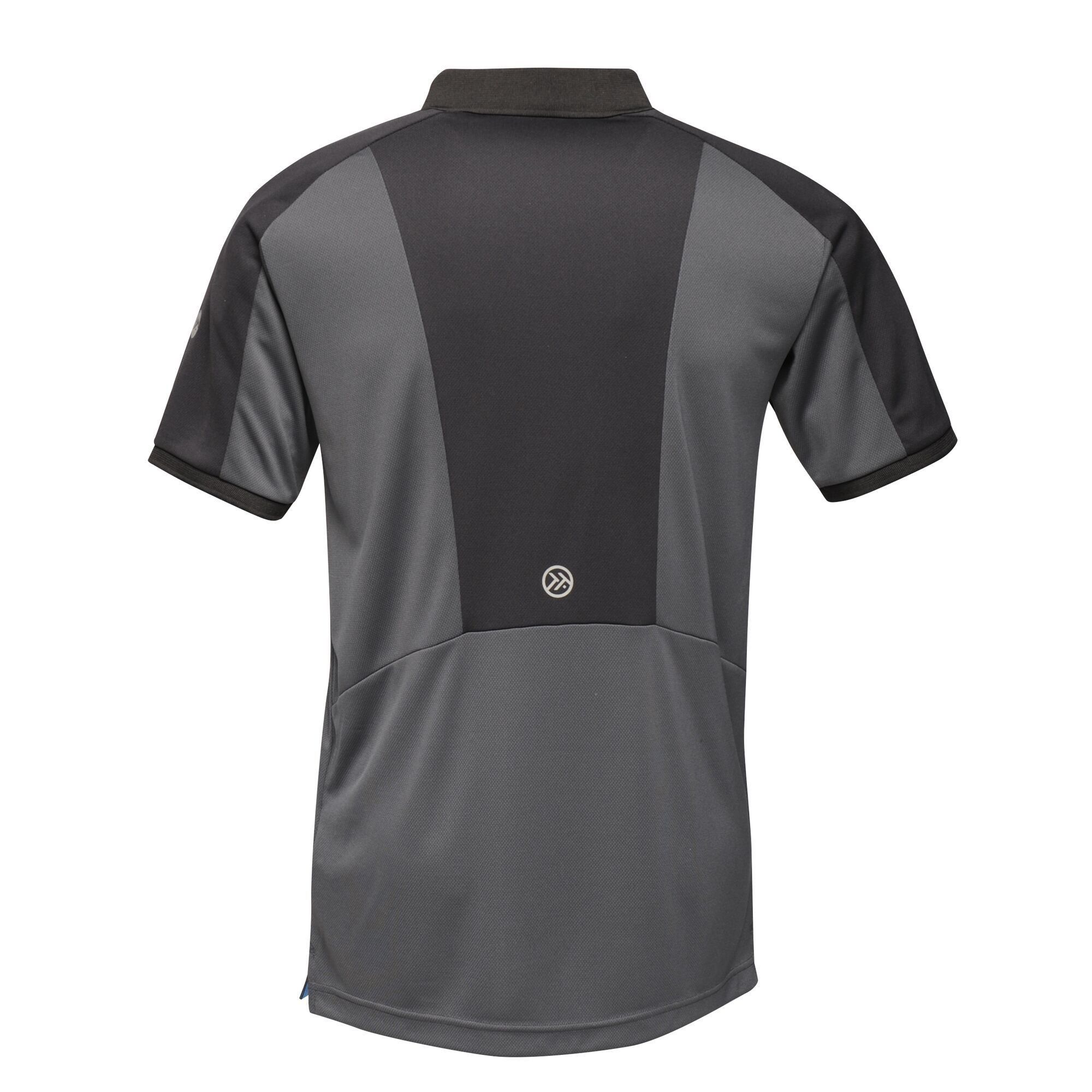 100% Polyester. Quick dry fabric. Moisture wicking performance. 3 button placket and chest pocket. Ribbed collar and cuffs. Side vents.