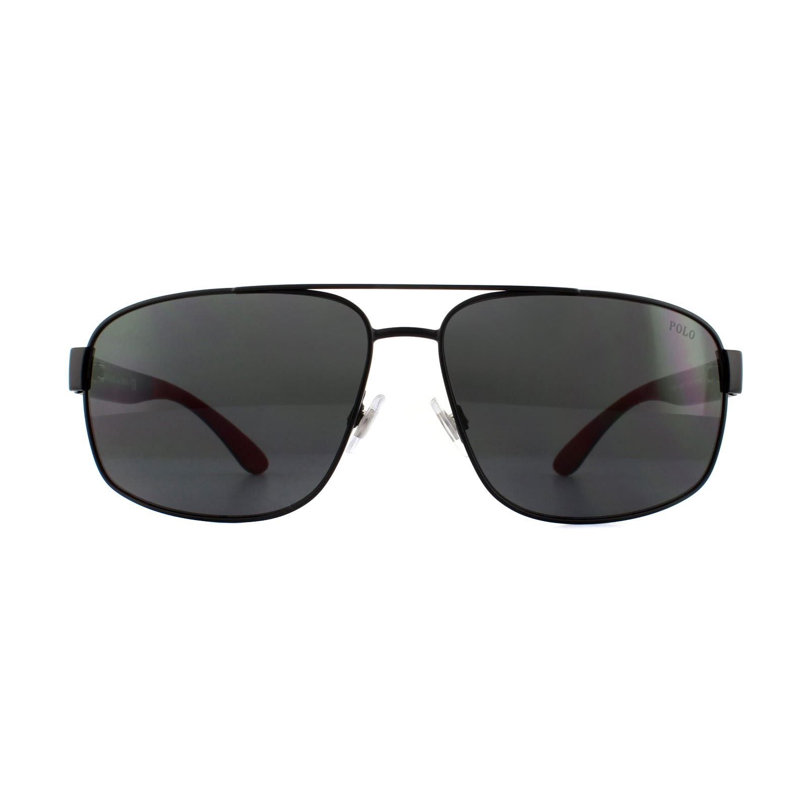 Polo Ralph Lauren Sunglasses 3112 903887 Matte Black Grey are a rectangular style aviator for men. The frame front is metal with plastic temples that adorn the iconic Polo Ralph Lauren logo in a contrasting colour and matching accents. Adjustable nose pads ensure a personalised and comfortable fit whilst looking stylish.