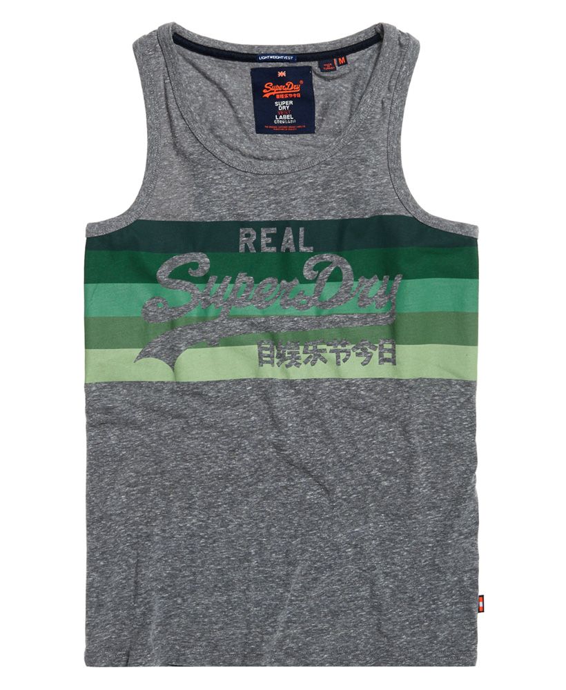 Superdry men's Vintage Logo cali stripe vest top. An essential this season, the Vintage Logo cali stripe vest top features a stripe logo graphic across the chest and has been completed with a small logo tab in the side seam. Pair with shorts and flip flops to complete the look.