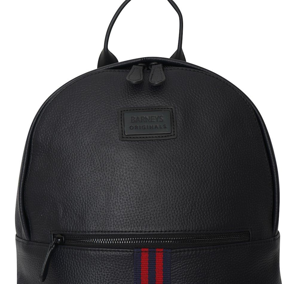 Carry your essentials in style with this real leather backpack. Perfect for every day use, this BARNEYS ORIGINALS real leather backpack was made to be your favourite travel companion. Stylish and durable, this leather backpack with red stripe is ready to go. Inside you'll find a polyester lining and a zipless pocket. On the outside, you'll find two adjustable straps and a zip pocket.