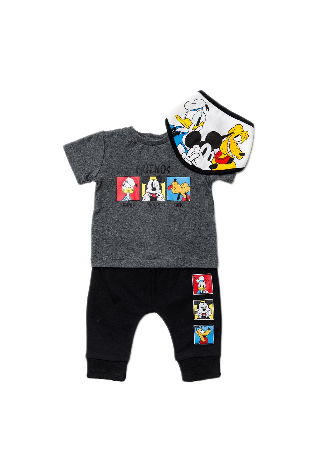 This adorable Disney Baby three-piece set features a funky Mickey Mouse and friends print. The set includes a printed t-shirt, a pair of shorts and a matching bib! The t-shirt, shorts and bib are all cotton, keeping your little one comfortable. Along with Mickey, the set features Donald and Pluto! This set would make a lovely gift or a new addition to your little ones wardrobe!