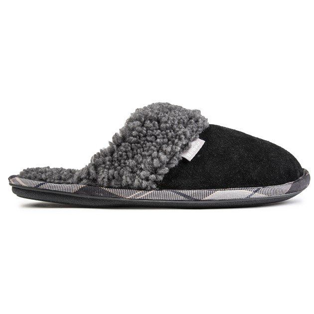 Sink Into The Comfort Of The Black Barbour Lydia Slippers With A Suede Upper And Cosy Grey Teddy Bear Lining. A Classic Style With Elegant, Clean Lines And A Tartan Patterned Edge, These Slippers Are Ideal For Lounging Around The House And Showing Off The Luxurious Country-style Designer Look From Barbour.