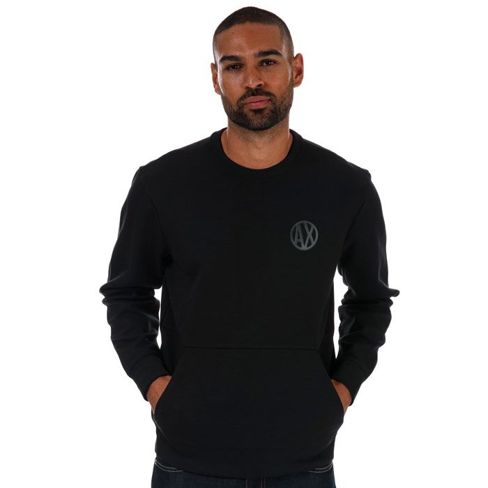 Mens Armani Exchange Placed Print Colourblock Sweatshirt in black.- Crew neck.- Long sleeves.- Front kangaroo pocket.- Colorblocking at backs of arms.- AX logo on chest.- 69% Cotton  31% Polyester. Machine washable. - Ref: 3ZZMANJQ2Z1200
