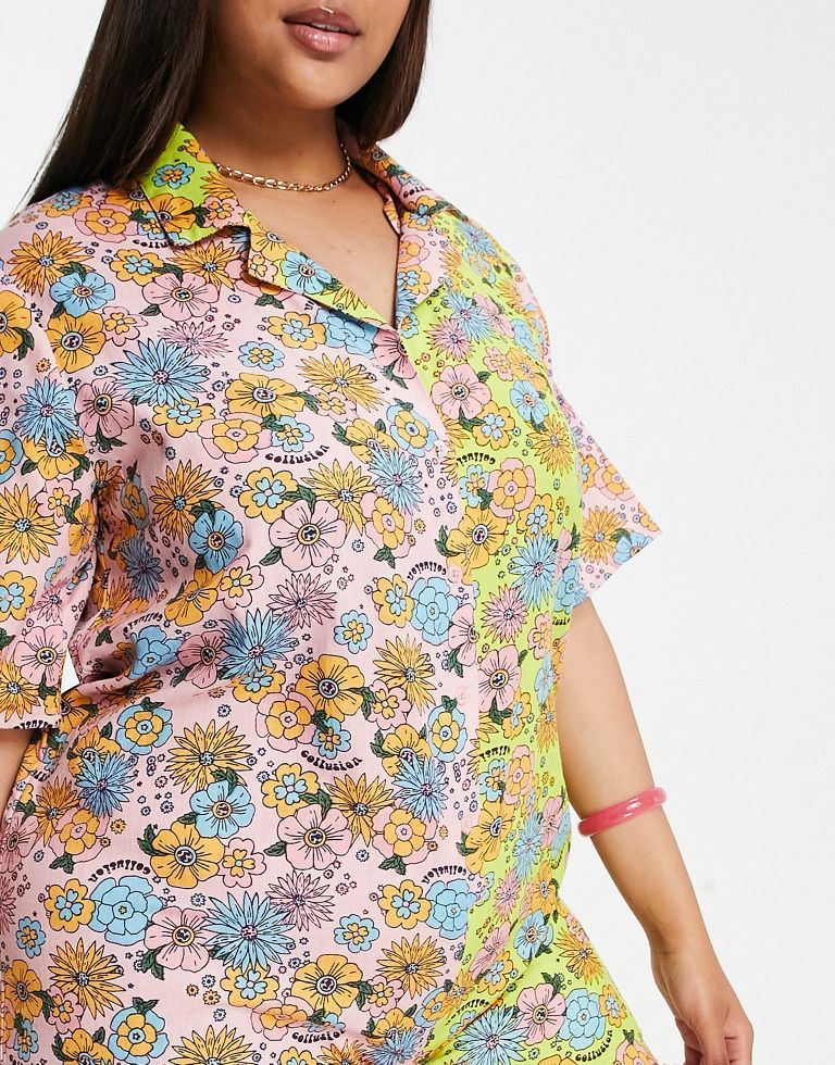 COLLUSION Plus mixed print floral revere playsuit in linenMulti