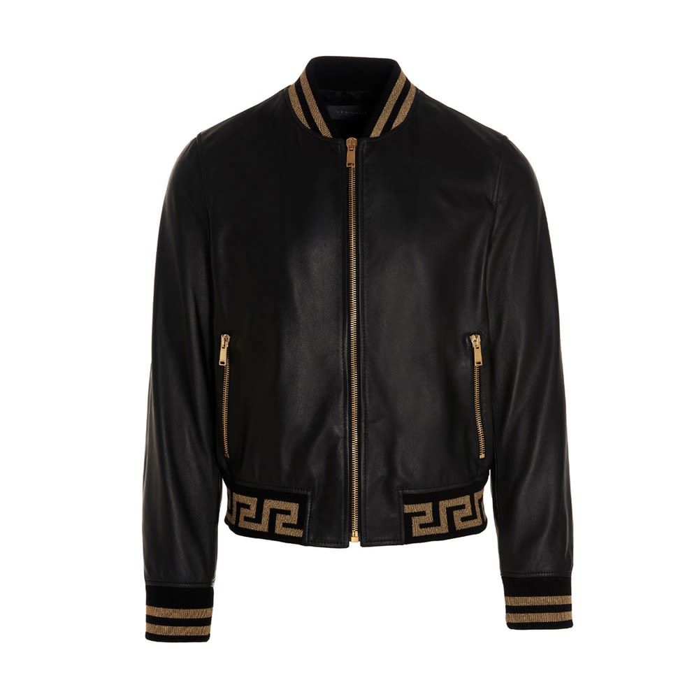 Versace nappa leather bomber jacket with zip, cuffs and elastic waistband with Greek intarsia.