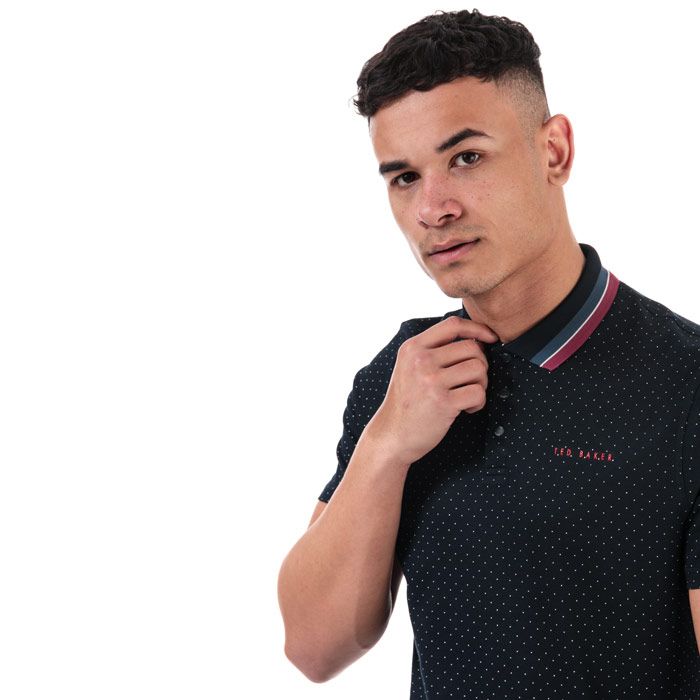 Mens Ted Baker Kabby Golf Polo Shirt in navy.<BR><BR>- Striped Detail to Knitted Collar.<BR>- Press stud fastening to placket.<BR>- Short sleeves.<BR>- Mini Spot Print Design Polo Shirt.<BR>- Ted Baker  branding on chest.<BR>- 50% Cotton  47% Modal  3% Elastane. Machine washable.<BR>- Ref: 245718NA