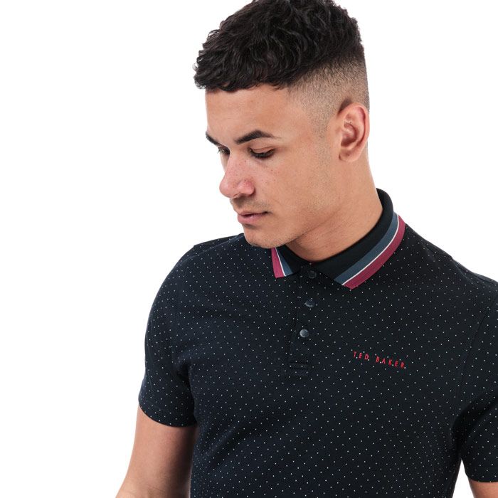 Mens Ted Baker Kabby Golf Polo Shirt in navy.<BR><BR>- Striped Detail to Knitted Collar.<BR>- Press stud fastening to placket.<BR>- Short sleeves.<BR>- Mini Spot Print Design Polo Shirt.<BR>- Ted Baker  branding on chest.<BR>- 50% Cotton  47% Modal  3% Elastane. Machine washable.<BR>- Ref: 245718NA