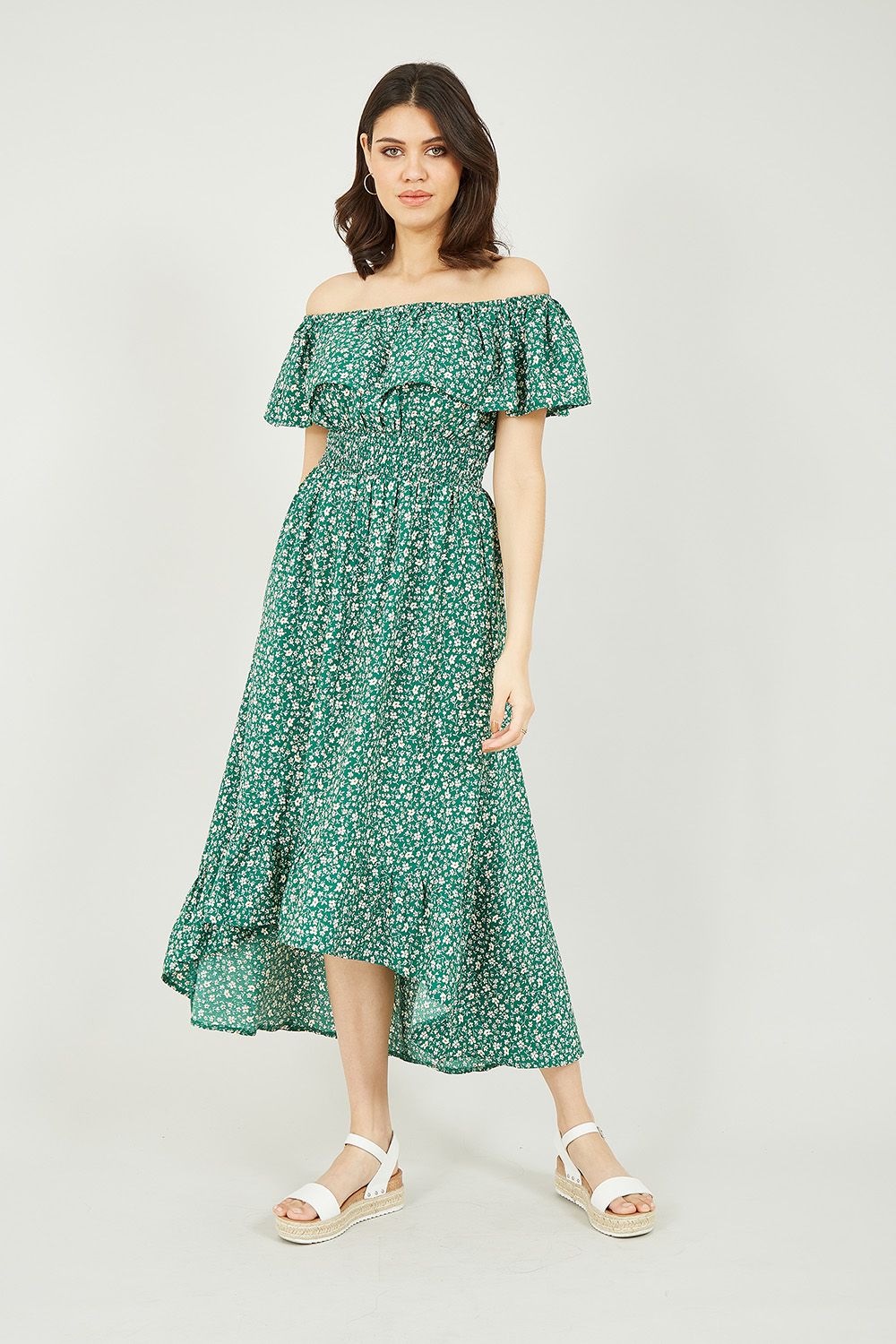 Mela Green Ditsy Daisy Printed Dipped Hem Bardot Dress