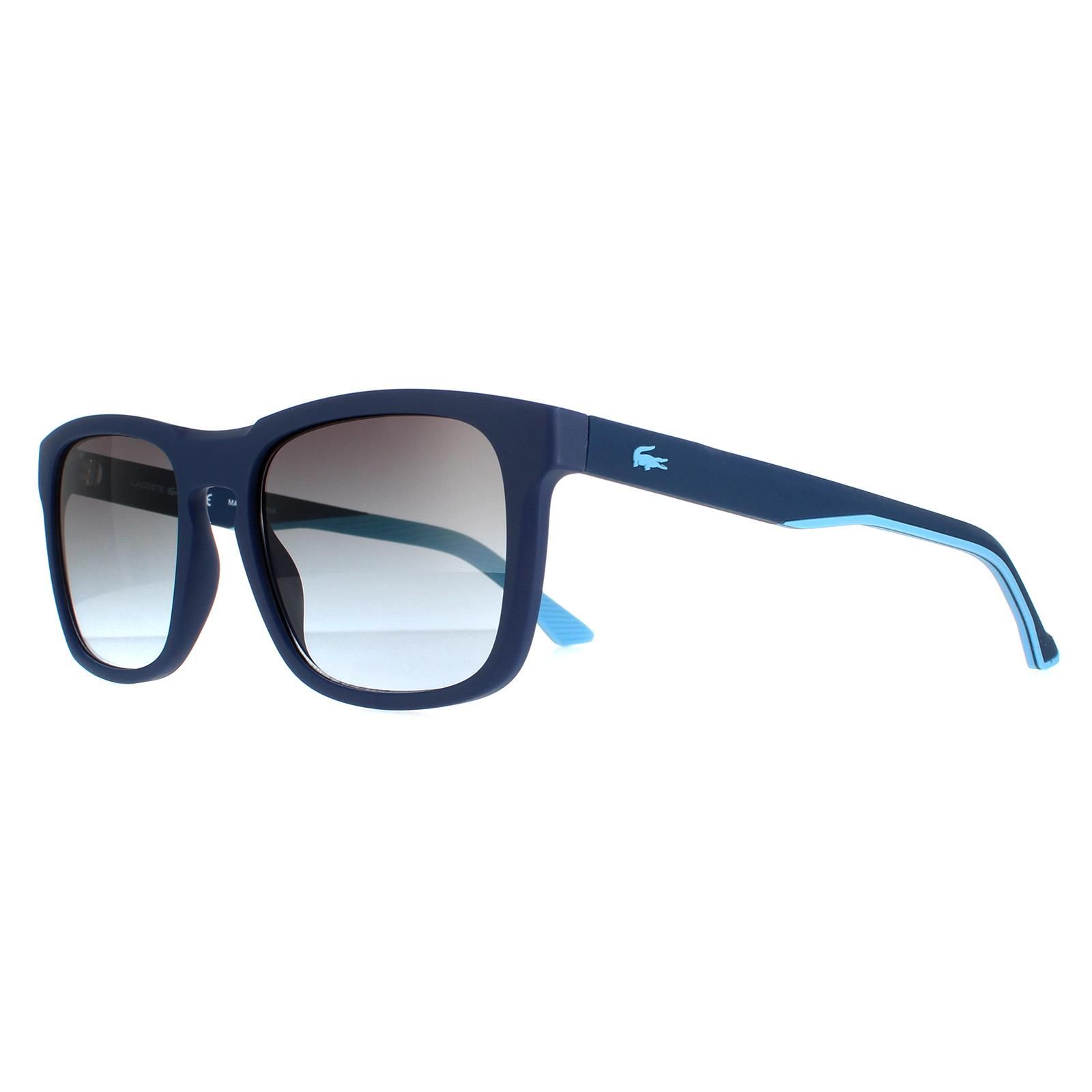 Lacoste Rectangle Unisex Matte Blue Grey Gradient L956S  L956S are a modern rectangle style crafted from lightweight acetate.  Slender temples feature the Lacoste alligator logo for brand authenticity.