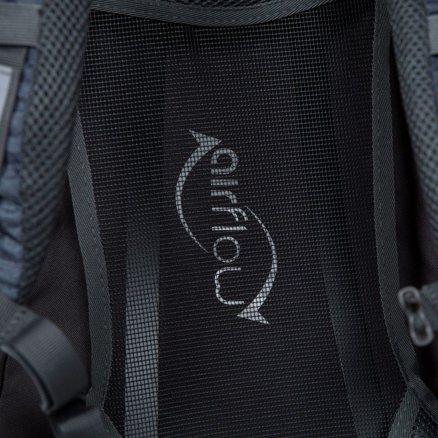 45 litre DLX rucksack. Airflow system. Main pocket. Trekking pole loops. Ice axe loops. Mesh venting system. Hydration pack access. Raincover. 420D Polyester Mini Ripstop.