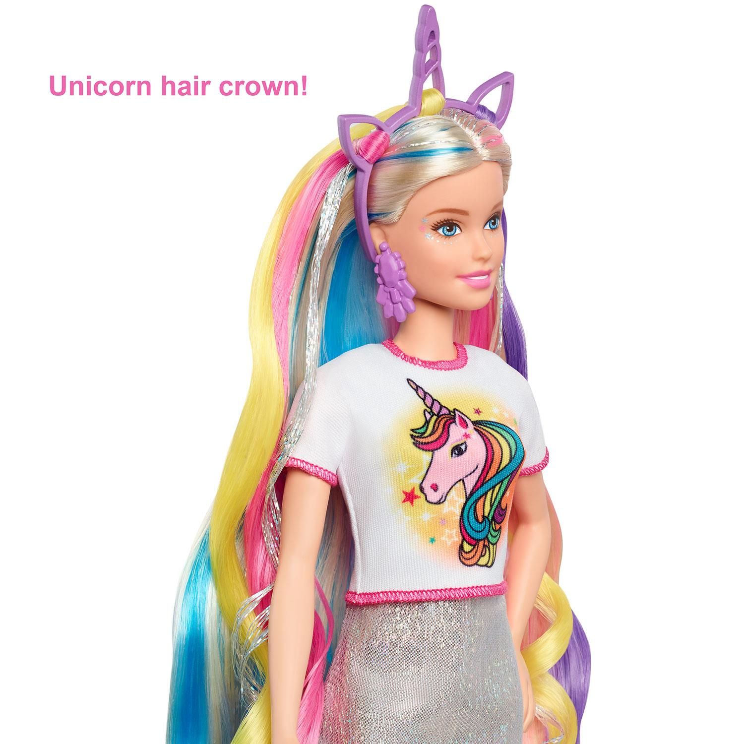 Barbie Fantasy Hair Doll with Mermaid and Unicorn Accessories

Create a magical unicorn or mermaid Barbie with the Barbie Fantasy Hair doll. This Barbie doll comes with two beautiful fantasy looks, with crowns, colourful extensions and themed tops to transform Barbie(C) into a unicorn or mermaid. Barbie’s blonde hair will glow with other bright colours, and kids can use the hairbands, clips and hairbrush included to create a Barbie Fantasy Hair doll of their own. Kids aged 3+ will love dressing up Barbie and making her shine! Doll cannot stand alone. Colours and styles may vary.

Features:

Barbie Fantasy Hair Doll comes with two different fantastical looks and accessories – to make either a unicorn or mermaid Barbie.
Dress the Barbie doll with the mermaid top, and add the mermaid hair crown of seashells, starfishes and elegant long teal extensions to brighten her blonde hair.
Or turn mermaid Barbie into a unicorn with the unicorn rainbow T-shirt, crown and colourful hair extensions in purple, yellow and pink.
Use the hair clips, bands and brush to style Barbie’s long, vibrant and glitter-streaked hair for an even more fantastical look.
Accessorise the Barbie party dress with silver heels or pink trainers, and purple drop earrings.

Specifications:

Type: Doll Set
Colour: Multicolour
Age Range: 3 to 7 Years
Material: Abs Plastic

Package Includes: Barbie Fantasy Hair Doll with Mermaid and Unicorn Accessories