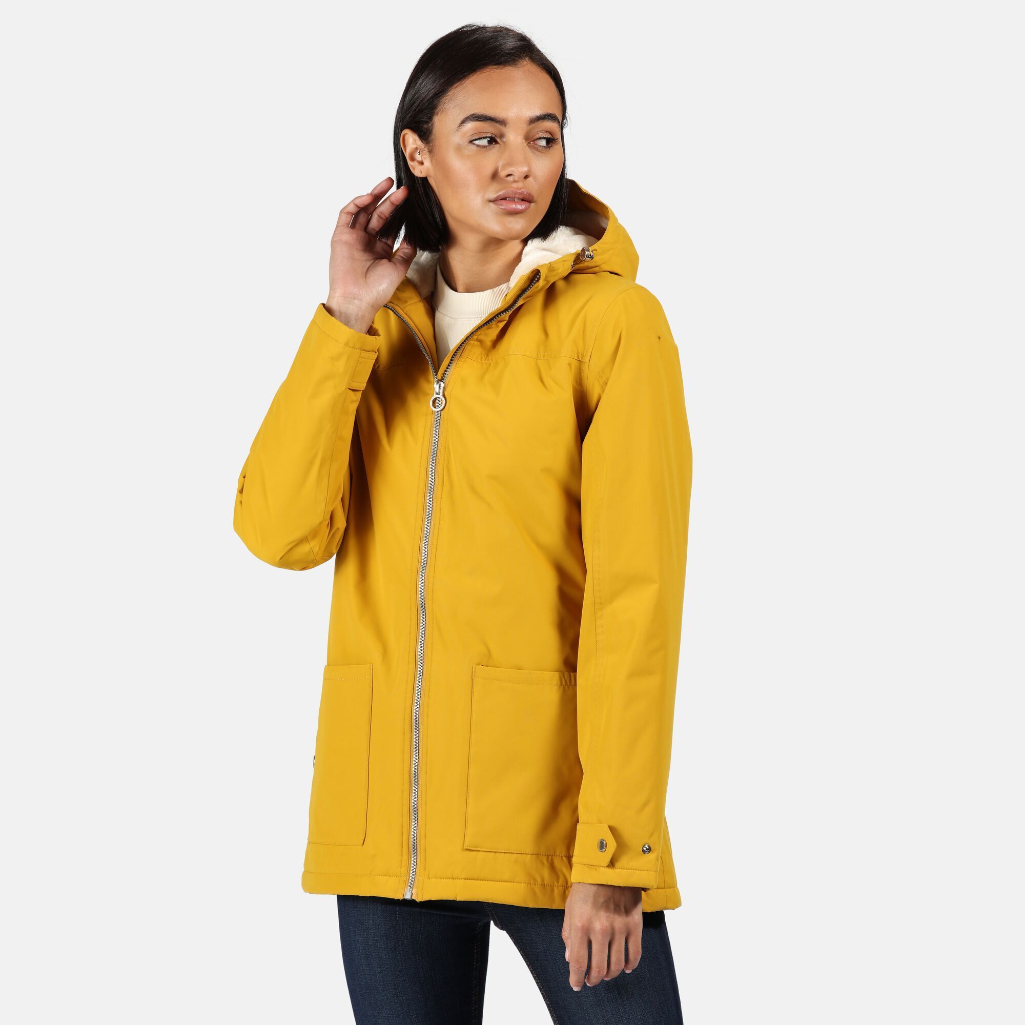 Material: 100% Polyester. Fabric: Faux Fur, Hydrafort. Design: Plain. Fit: Regular. Fabric Technology: Durable. Hooded, Insulated, Side Seams, Taped seam, Thermo-Guard, Waterproof. Cuff: Adjustable. Neckline: Hooded. Sleeve-Type: Long-Sleeved. Hood Features: Adjustable, Grown On Hood. Length: Regular. Pockets: 2 Front Pockets, 1 Security Pocket. Fastening: Full Zip.